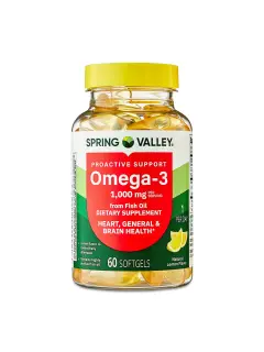 Spring Valley Apoyo Proactivo Omega-3 Suplemento Dietético de Aceite de Pescado Cápsulas Blandas para la Salud Del Corazón/general/cerebro, 1000 mg, 60 Unidades